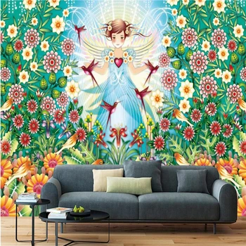 Beibehang Europos-retro stiliaus rankų darbo dažytos augalų grožio mergina, gyvenimo kambario sienos užsakymą didelės freskos žalia tapetai