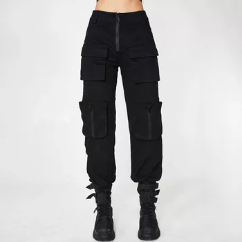Juoda kratinys goth krovinių kelnės moterims prarasti kišenės hippe streetwear ilgos kelnės su užtrauktuku hip-hop aukšto juosmens diržas ziajać naujas 2020 m.
