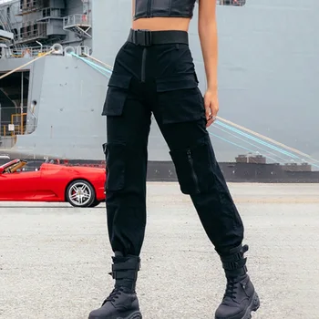 Juoda kratinys goth krovinių kelnės moterims prarasti kišenės hippe streetwear ilgos kelnės su užtrauktuku hip-hop aukšto juosmens diržas ziajać naujas 2020 m.