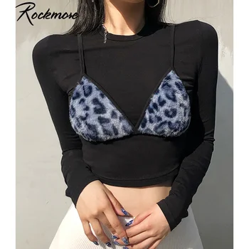 Rockmore Netikrą 2 Vnt Kratinys Leopard Marškinėliai Apkarpyti Viršūnes Moterų Atsitiktinis Ilgomis Rankovėmis Marškinėliai Drabužių Streetwear Tees Harajuku