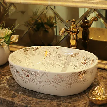 Aukso Piešimo Chrizantemų modelis Ovalo formos Vonios kambarys, Rūbinė Europoje Art praustuvas Keramikos laivo Skaitiklis Viršuje praustuvas Vonia oval