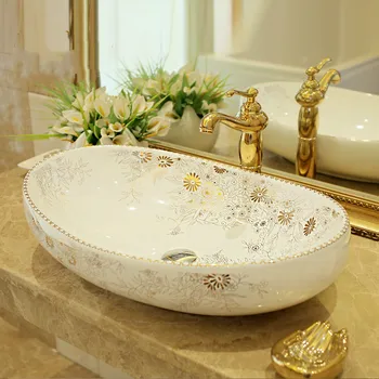Aukso Piešimo Chrizantemų modelis Ovalo formos Vonios kambarys, Rūbinė Europoje Art praustuvas Keramikos laivo Skaitiklis Viršuje praustuvas Vonia oval