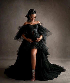 Naujas Elegantiškas Juodas Klostuotas Tiulio Motinystės Suknelės Trumpomis Rankovėmis, Priekyje Plyšio Raukiniai Užsakymą Plius Dydis Vestuvių Nėštumo Nuotrauka