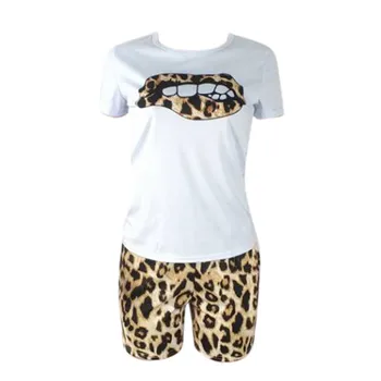 Plus Size Tracksuit Moterims Dviejų dalių Rinkiniai Leopard Lūpų T-shirt Viršų ir Šortai, Prakaito Tinka Vasaros Paplūdimio Drabužiai Atsitiktinis 2 Komplektus Gabalas