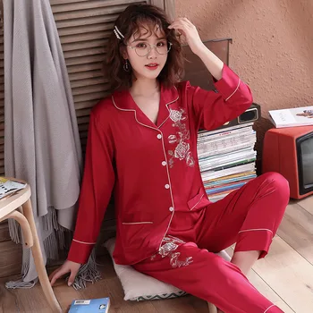 Moterų Šilko Pajama Komplektai Satino Pyjama Sleepwear ilgomis Rankovėmis Didelio Dydžio Fashion Pižama mergina, naktiniai drabužiai Tiktų Namų Naujų 2020 m. PJS