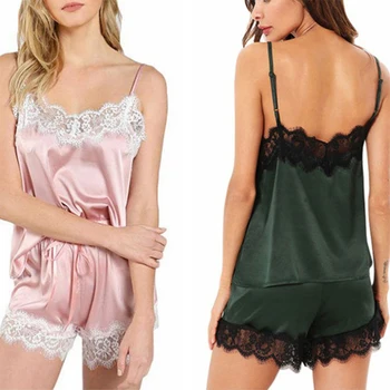 Moterų Sleepwear Sexy Satin Pajama Nustatyti Black Lace V-Neck Pižamos Rankovių Mielas Cami Viršų ir Šortai