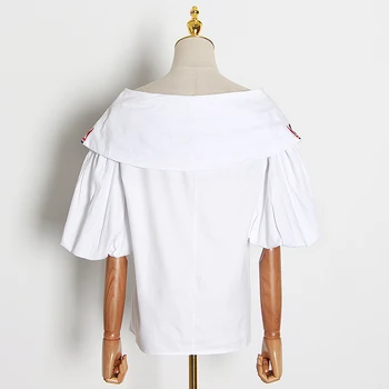 GALCAUR Elegantiška Siuvinėjimas Moterų Marškiniai, O ant Kaklo Žibinto Pusę Rankovės Laisvi Pataikyti Spalva Vintage Palaidinės Moterų Mados 2020 Banga
