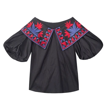 GALCAUR Elegantiška Siuvinėjimas Moterų Marškiniai, O ant Kaklo Žibinto Pusę Rankovės Laisvi Pataikyti Spalva Vintage Palaidinės Moterų Mados 2020 Banga
