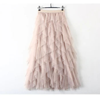 Pavasarį ilgai nėrinių sijonas moterims vientisos spalvos netaisyklingos aukšto liemens sijonai