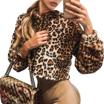 2020 Naujas Rudens-Žiemos Mados Leopard Pliušinis Palaidinės Ilgomis Rankovėmis Megztinis Prarasti Streetwear Apkarpyti Viršūnes Hoodies Outwear