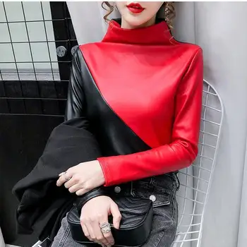 2020 naujas mados temperamentas spalvų atitikimo aukštos apykaklės, žemiausią Marškinėliai Pliušinis Viršuje Long Sleeve T-Shirt odiniai drabužiai moteris