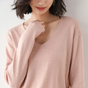 Naujas V-neck slim-fit megztinį moterų vientisos spalvos marškinėliai rudenį 2020 m.