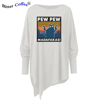 Moterų Juoda Katė Pew Pew Madafakas T-Shirt Funny Cat Gangsteris Su Šautuvu Meme Retro Humoro NAUJŲ Neteisėtų Viršūnes Tee Moterų Drabužiai