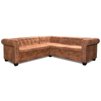 Chesterfield Kampe Sofa 5Seater Dirbtinės Odos Ruda kokybės dirbtinės odos apmušalai sofa