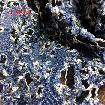 LASUI 2017 Naujas produktas 3 kiemuose =1 daug Medvilnės džinsinio audinio siuvinėjimo tinklelio, nėrinių audinys, mėlyna Tuščiaviduriai 3D tekstūros unikalus 