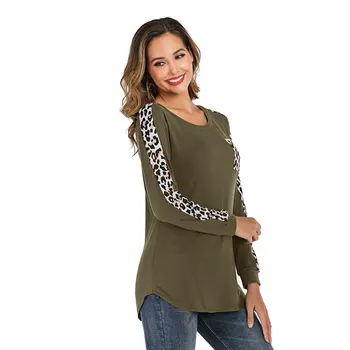 Raglan ilgomis Rankovėmis Leopard Kišenėje T-shirt Naujų 2020 m. Derliaus Spausdinimo Kratinys Slim Viršūnes Moterų Marškinėliai Atsitiktinis Ponios Camisas Mujer