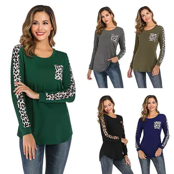 Raglan ilgomis Rankovėmis Leopard Kišenėje T-shirt Naujų 2020 m. Derliaus Spausdinimo Kratinys Slim Viršūnes Moterų Marškinėliai Atsitiktinis Ponios Camisas Mujer