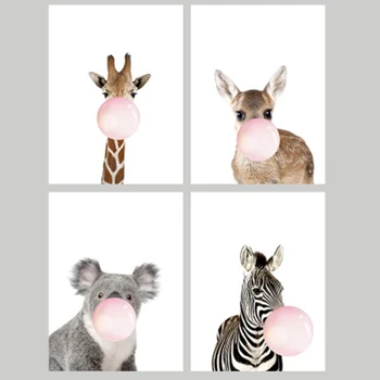 Animacinių Filmų Pučia Kramtomosios Gumos Gyvūnų Plakatas Zebra Žirafa Dekoratyvinis Nuotrauka Modernios Sienos Meno Tapybos Namų Dekoracijos