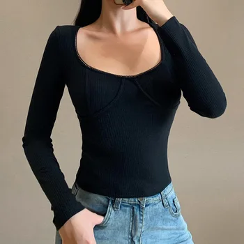 Seksualus U-Kaklo, ilgomis Rankovėmis Nėrinių Viršūnės Rudenį 2020 Moterų Megzti Kietas Marškinėliai Atsitiktinis Komplektus Plonas kūno formos drabužiai moterims