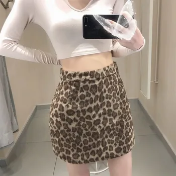 Seksualus retro leopardas spausdinti mini sijonas rudens žiemos moterys aukšto juosmens-line sijonas įvyniojimas sijonas elegantiškos moters streetwear