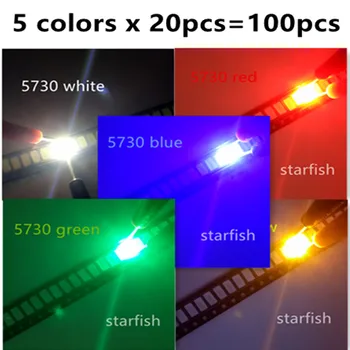 Nemokamas pristatymas 5 spalvas x 20pcs=100vnt led SMD 5730/5630 balta-M/mėlyna/raudona/geltona/žalia lemputė