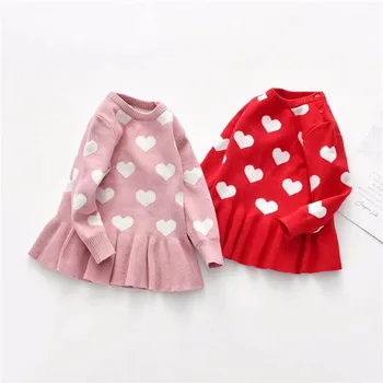 1-5T Bamblys Vaikas Baby Girl Drabužius ilgomis Rankovėmis Širdies Spausdinti Megzti Suknelė Elegantiškas, Mielas, Saldus, Šiltas Žiemos Apranga