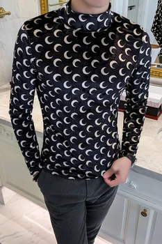 Aksomo T-shirt Nauji žieminiai vyriški mėnulis spausdinti ilgomis rankovėmis T-shirt Slim high-kaklo klubas drabužių dizaineris Camiseta Masculina