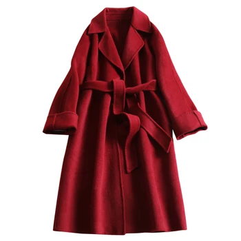 Naujas dvipusis kašmyro paltas ilgas 2020 moterims vilnos paltas vyno raudona striukė rodo, plonas laisvas diržas didelio dydžio drabužius kietas