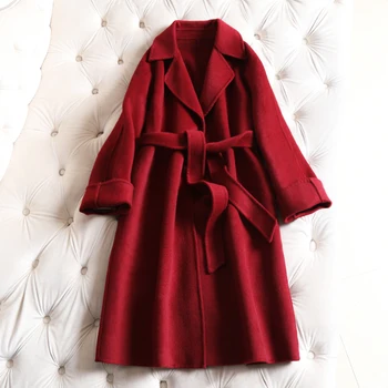 Naujas dvipusis kašmyro paltas ilgas 2020 moterims vilnos paltas vyno raudona striukė rodo, plonas laisvas diržas didelio dydžio drabužius kietas