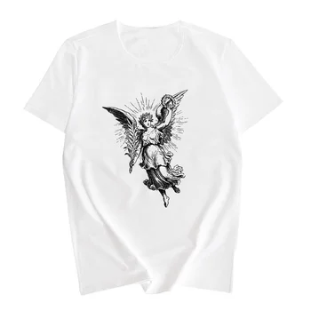 Angel T-shirt Moterims, Atsitiktinis O-Kaklo Trumpi marškinėliai moterims Topai Tee Balta