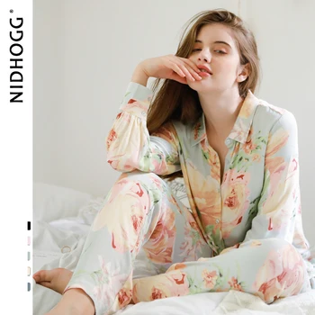 Rudenį korėjos Atvartas, Priekiniai Mygtuką ilgomis Rankovėmis Pižama Moterims Gėlių Spausdinti Sleepwear Loungewear Pižamos 2-piece Namų Kostiumas