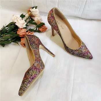 Nemokamas pristatymas mados moterų Siurbliai lady Kelių spalvų blizgučiai Point kojų aukštakulnius batus size33-43 10cm, 12cm 8cm Stiletto kulniukai