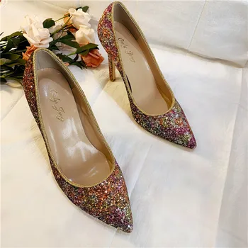 Nemokamas pristatymas mados moterų Siurbliai lady Kelių spalvų blizgučiai Point kojų aukštakulnius batus size33-43 10cm, 12cm 8cm Stiletto kulniukai