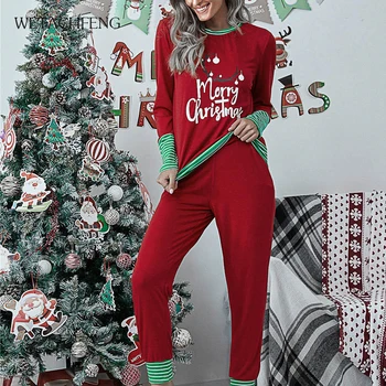 Raudona Pižama Rinkiniai Kalėdų 2020 Mados Mielas, Juokingas, Mielas Spausdinti Sleepwear Ilgos Kelnės Homewear Moterų Dviejų dalių Rinkinių Drabužių