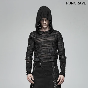 Gotikos asmenybės Juoda perspektyvos skylę diržo Viršūnes Steampunk Roko Mados Hoodie Skaidrus Vyrų T-shirt Punk Rave WT-559TCM
