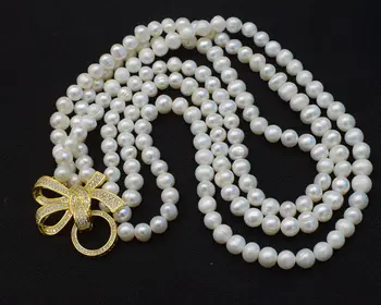 Gražus naujas Gamtinių cirkonis užsegimas 3rows gėlavandenių baltųjų perlų netoli raundas 7-8mm karoliai 18-20