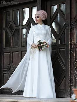 2021 Balta Prom Dress-line Paprasta Aplikacijos Musulmonų Aukšto kaklo Grindų Ilgis Wrap Šifono Vakaro Suknelė chalatas de soirée de mariage