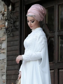 2021 Balta Prom Dress-line Paprasta Aplikacijos Musulmonų Aukšto kaklo Grindų Ilgis Wrap Šifono Vakaro Suknelė chalatas de soirée de mariage