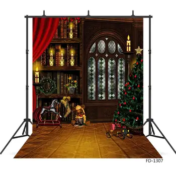 Bibliotekos Kalėdų Windows Žvakės Fotografijos Foną, Žiemos Eglute Medinių Sienų Fone Photocall Foto Studija