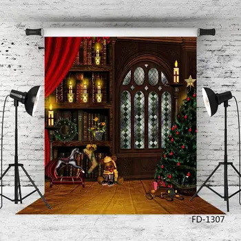 Bibliotekos Kalėdų Windows Žvakės Fotografijos Foną, Žiemos Eglute Medinių Sienų Fone Photocall Foto Studija