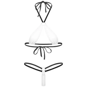 Vasarą Moterys Liemenėlė Rinkinys 2VNT Micro Bikini Komplektas kaitintis po maudymosi Kostiumėliai, Paplūdimio maudymosi kostiumėlį Apynasrio Kaklo Nėriniai-up Mini G-string apatinis Trikotažas Rinkinys