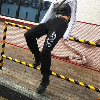 SheBlingBling Kinų Stiliaus Siuvinėjimų Dragon Juoda Ziajać Moterų Punk Kelnės Pavasario Aukšto Liemens Kelnės Capris Hip-Hop Sweatpants