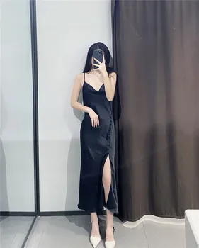 2020 Mados Ponios Spalvotų Suknelė Vientisa Spalva Šilko Kalimo Patogus Seksualus Retro Elegantiškas Banketų Ponios Diržas Midi Suknelė