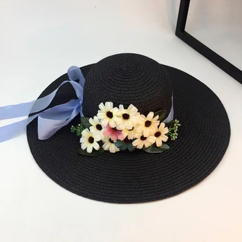 2019 mados vasaros šiaudų skrybėlę gėlių lankas didelis plokščias kraštų saulė bžūp ponios elegantiškas, patogus paplūdimio skrybėlę apsaugos nuo saulės UV saulės skrybėlę