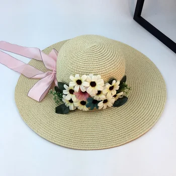 2019 mados vasaros šiaudų skrybėlę gėlių lankas didelis plokščias kraštų saulė bžūp ponios elegantiškas, patogus paplūdimio skrybėlę apsaugos nuo saulės UV saulės skrybėlę