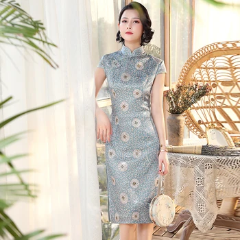 Derliaus Ponios Slim Cheongsam Kinų Stiliaus Kelio Ilgis Qipao Elegantiškas Moteris Šalis Suknelė 
