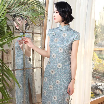 Derliaus Ponios Slim Cheongsam Kinų Stiliaus Kelio Ilgis Qipao Elegantiškas Moteris Šalis Suknelė 