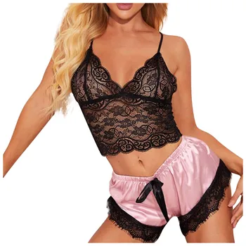 Moterų mados seksualus V-kaklo low-cut nėrinių petnešos seksualus apatinis trikotažas nėrinių žr.-per pižama pižama rožinės kelnaitės Aistra sporto#k
