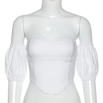 Moterų Vintage Stiliaus Pasėlių Viršuje Pricess Balta Seksualus Off Peties Trumpas Rankovės Marškinėliai Moterims Retro Velniop Kaklo Vasaros T-Shirt