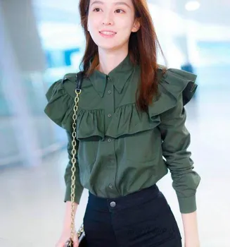Armijos žalioji marškinėliai moterims raukiniai mygtuką iki marškinėliai palaidinė moterims pritvirtinti moteriški marškinėliai